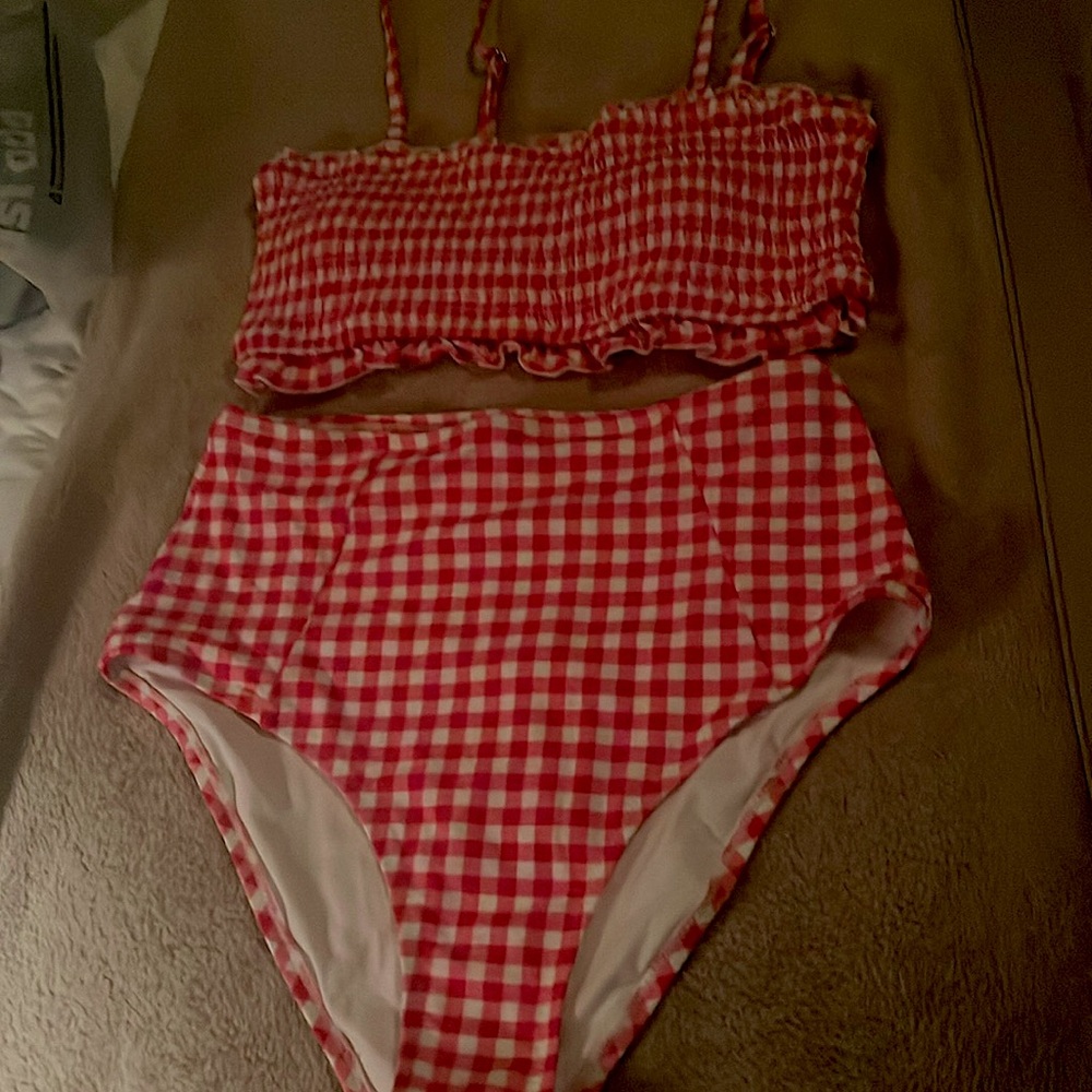 White and red two piece swim suit.